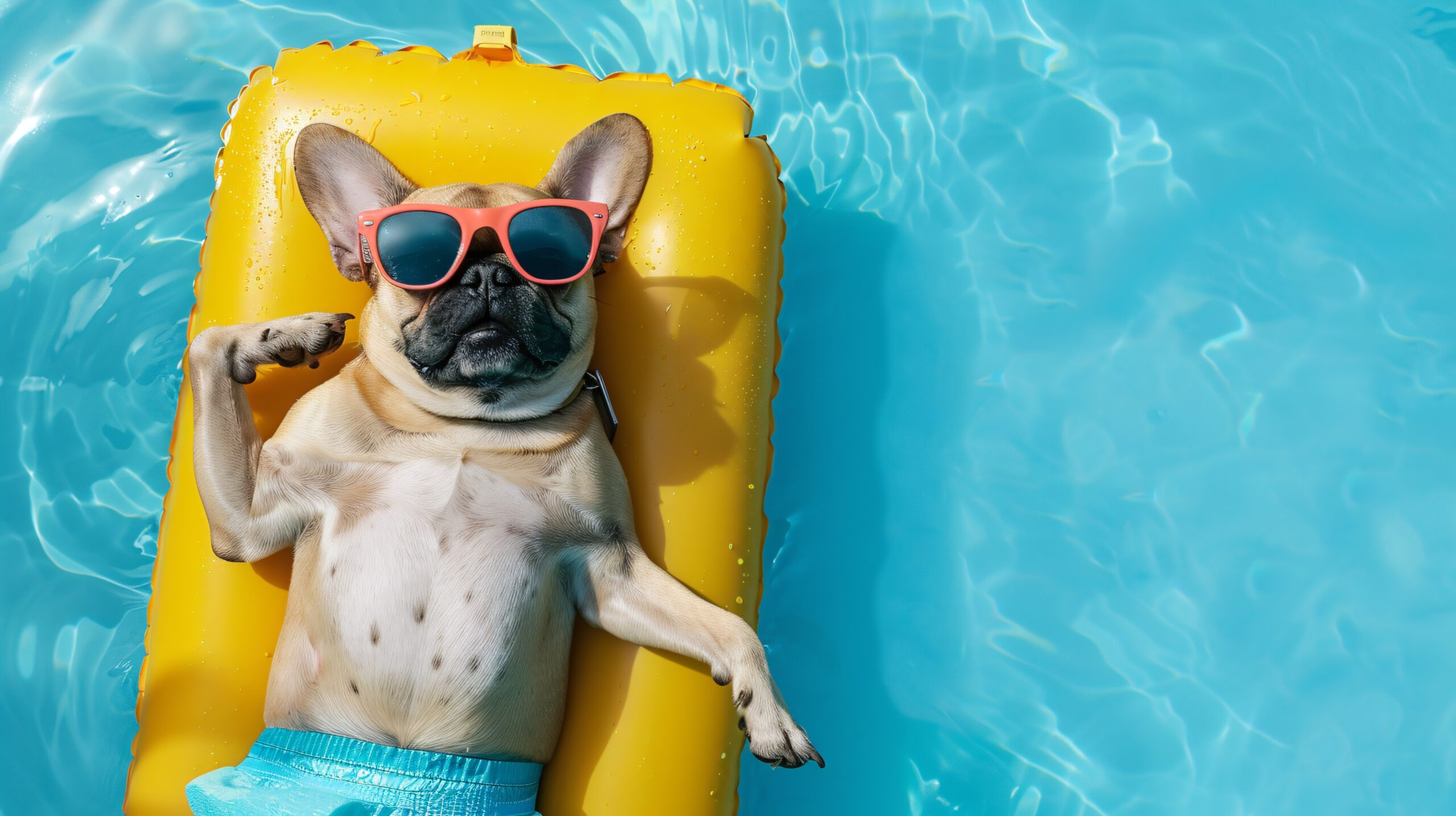 Top view of pug sunbathing on swimming mattress
